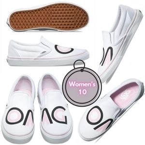 Vans SlipOn "OMG" Sayings True White Pink Black Women's Size 10